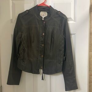 Dark olive/gray faux leather jacket.